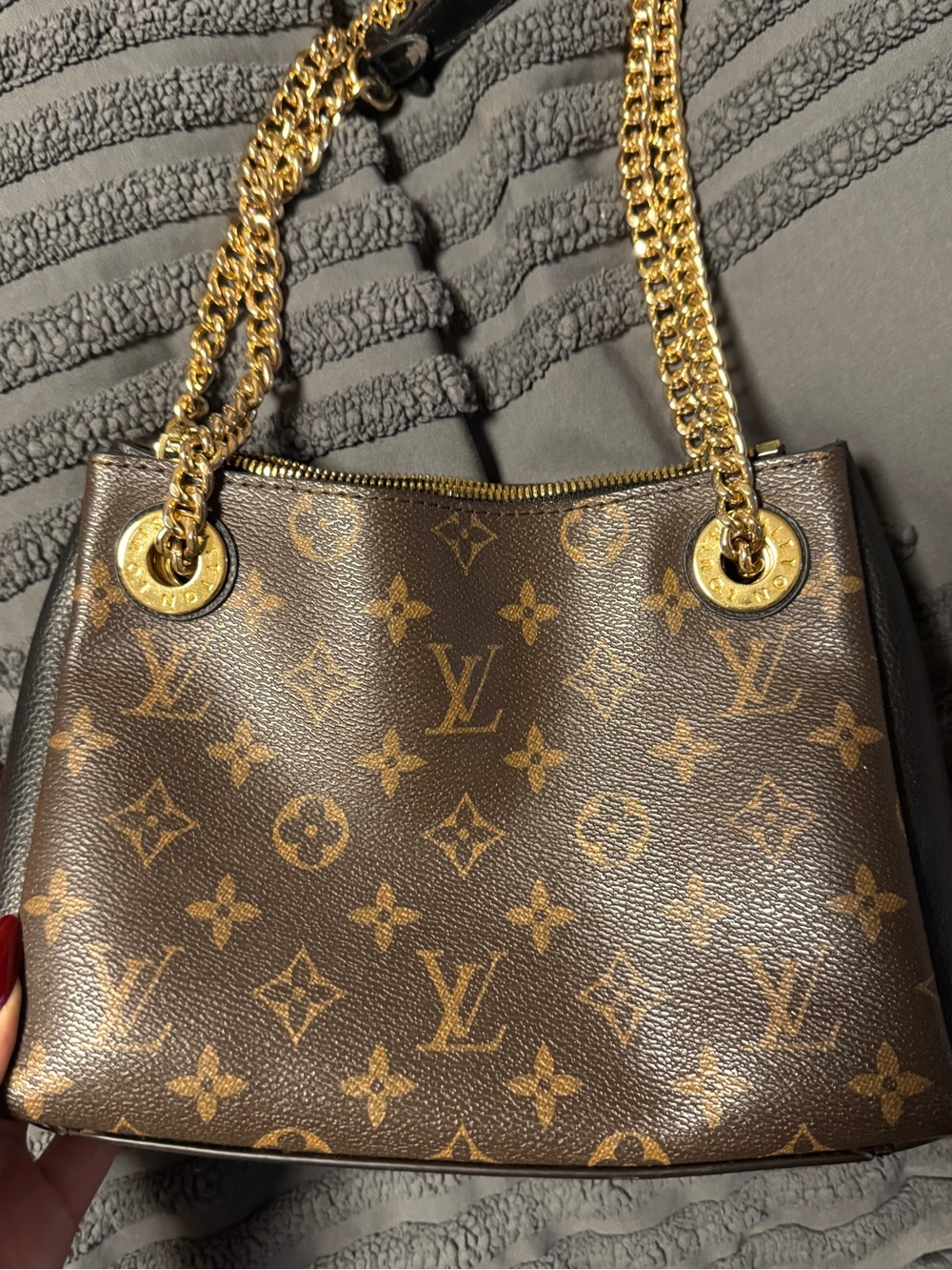 Louis Vuitton Brown Monogram Mini Bag with Black Side Panels and Gold Chain